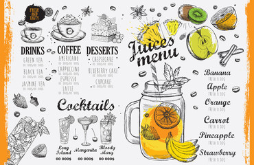 Juices menu, template design. Food flyer. 