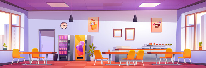 Canteen interior in school, college or office. Vector cartoon illustration of cafeteria, dining room in university, cafe with tables and chairs, counter bar, vending machines, menu on wall and windows