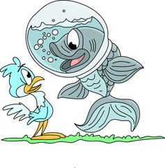 Obraz premium Cartoon fish with a spherical aquarium in his head talking to his blue bird friend vector illustration