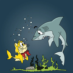 Cartoon great white shark and catfish swimming under water vector illustration