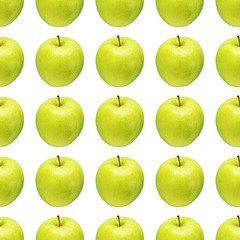 Pattern of green apples on a white background. Isolated fruits. Image for fabric, wallpaper and wrapping paper.