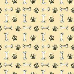 Seamless pattern with watercolor footprints and bone. Hand drawn illustration is isolated on beige. Painted template is perfect for pet shop design, veterinary clinic, fabric textile, wallpaper