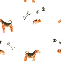 Seamless pattern with watercolor dog. Hand drawn illustration is isolated on white. Painted Airedale is perfect for pet shop design, veterinary clinic, fabric textile, interior wallpaper