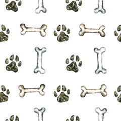 Fototapeta na wymiar Seamless pattern with watercolor footprints and bone. Hand drawn illustration is isolated on white. Painted template is perfect for pet shop design, veterinary clinic, fabric textile, wallpaper