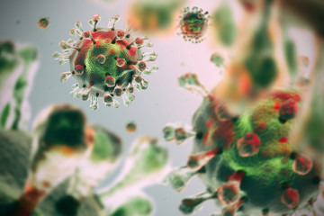 Coronavirus COVID-19 pathogen under microscope. Medical illustration. 3D render.