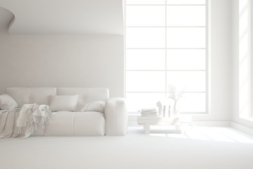 White minimalist living room with sofa. Scandinavian interior design. 3D illustration