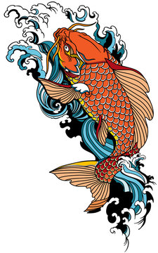 koi carp swimming upstream. Japanese gold fish with water waves. Tattoo . Vector illustration