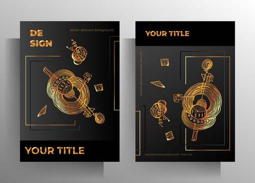 Cover design template set. Gold hand-drawn graphic elements on a black background. A4 format. Vector 10 EPS.