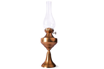 Old brass kerosene lamp on white background, isolated.