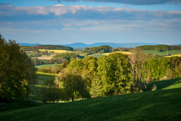 Landschaft mit Bäumen Rapsfeldern Grasfeldern und Wolken