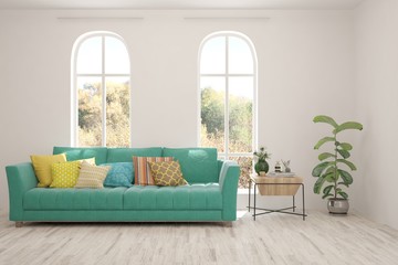White living room with sofa. Scandinavian interior design. 3D illustration