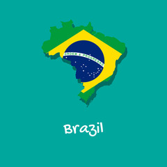 Vector map of Brazil painted in the colors of the flag. The country's borders with shadow. Isolated vector illustration.