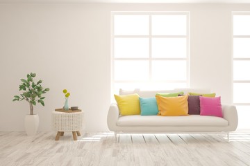 White living room with sofa. Scandinavian interior design. 3D illustration