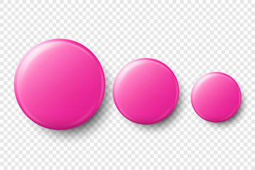 Vector 3d Realistic Pink Metal, Plastic Blank Button Badge Set Different Sizes Closeup Isolated on Transparent Background. Top View. Template for Branding Identity, Graphic Presentations. Mock-up