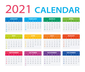 2021 Calendar - vector illustration,Sunday to Monday