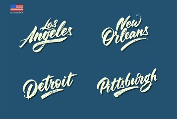 Usa city names set made in handwritten vintage style.