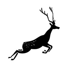 Black-white silhouette. Drawing of a running deer, cave painting.