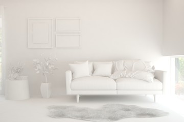 White minimalist living room with sofa. Scandinavian interior design. 3D illustration