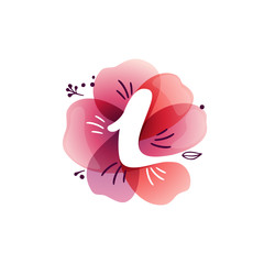 L letter logo at watercolor overlapping flower.