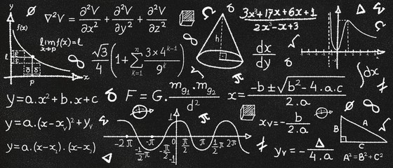 Math formulas on a textured chalkboard. Black background. Education concept - obrazy, fototapety, plakaty