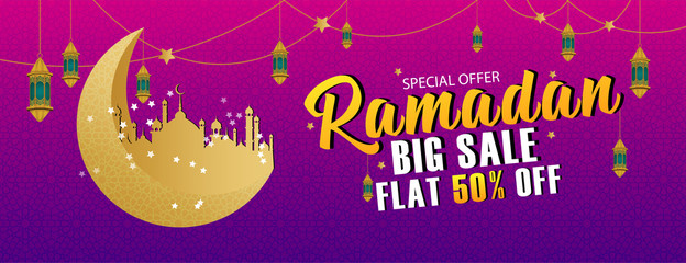 Ramadan Sale, web header or banner design with with illustration of writing ramadan sale