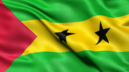 3D illustration of the flag of São Tomé and Príncipe waving in the wind.