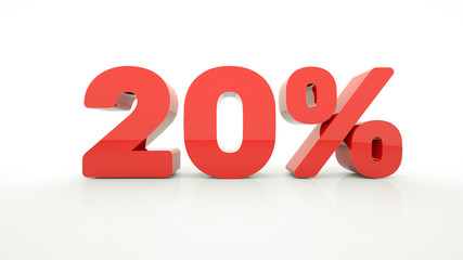 20 percent off red on a white background for promotion, discount sale, advertising. 3d rendering.