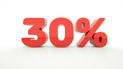Red 30 percent off 3d sign on white background. Special offer 30% discount tag. Sale up to 30 percent off. 3d rendering.