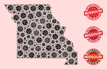 Outbreak combination of flu viral mosaic Missouri State map and rubber seals. Vector red seals with grunge rubber texture and Outbreak Warning caption.