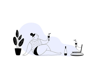 Girl communicates with her friend using on a laptop and drinks wine. Online communication concept. Vector abstract illustration in a flat style.