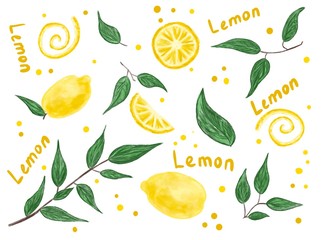 Set of lemons illustrations.  Citrus. Fresh ripe lemon fruits with green leaves. Design. Whole lemon cut in half, slice,  isolated on a white background.  