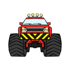 Cartoon monster truck icon. Front view. Hand drawn vector graphic illustration. Isolated object on a white background. Isolate. © far700