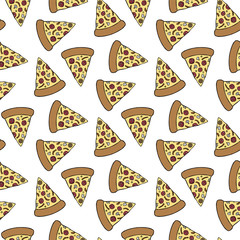 Cartoon sliced pizza isolated on white background. Seamless pattern. Hand drawn vector graphic illustration. Texture.
