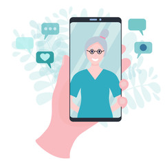 Hand holding smartphone with video call to mother or grandmother or another eldery family member. Chat via mobile app. Video communication concept vector flat illustration.