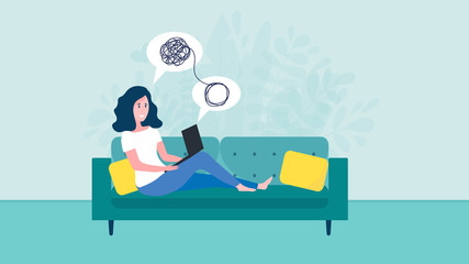 Woman sitting on sofa with laptop on online psychological consultation. Concept of online psychotherapy session, support or help. Professional online therapist counseling female with mental problem.