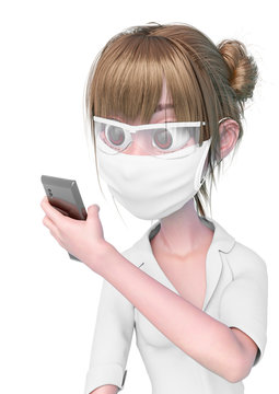 nurse cartoon is holding a cellphone and reading the news in white background
