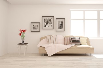 White living room with sofa. Scandinavian interior design. 3D illustration