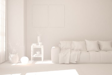 White minimalist living room with sofa. Scandinavian interior design. 3D illustration