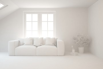 White minimalist living room with sofa. Scandinavian interior design. 3D illustration