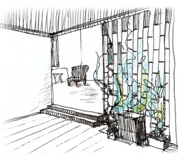 Room interior with flowerpots and flower wall. Hand drawn sketch