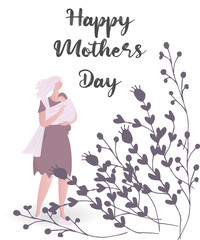 Happy Mother’s day design greeting card. Vector illustration good for the mom holiday,poster,banner,invitation,postcard,wallpaper,background, brochure.Mother character holding baby on her hands