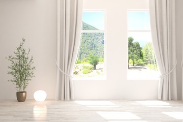Fototapeta premium Stylish empty room in white color with summer landscape in window. Scandinavian interior design. 3D illustration