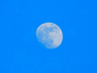 Big, almost full super moon cached on blue afternoon sky in cloudless February day