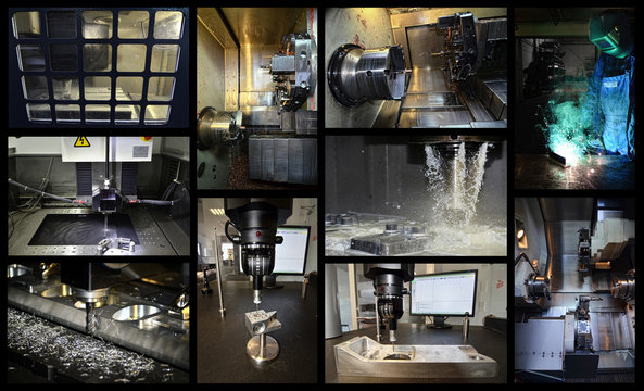 Photo collage of cnc Machine, turning, milling, measuring, welding, edm