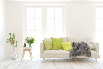 White living room with sofa. Scandinavian interior design. 3D illustration