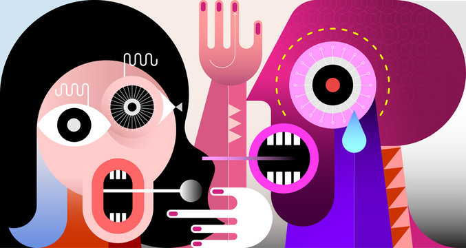 Angry couple arguing shouting blaming each other. Two people are talking and looking at each other, man is crying. Modern art vector illustration.
