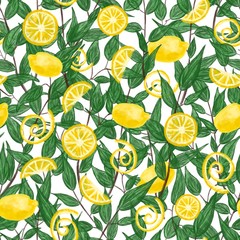 Lemons and leaves. Yellow and green colors. Seamless pattern texture. Whole lemon and a round slice. Drink Ingredients. For fabric design