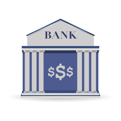 Bank building facade. Isolated on white background icon. Blue with column. Classic court flat vector illustration. Money and finance saving in financial institution concept