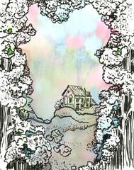 House on the hill. Hand drawn card. Watercolor and line art. 