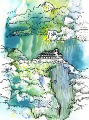 Castle on the mountain and thunderstorm sky . Hand drawn card. Watercolor and line art. 